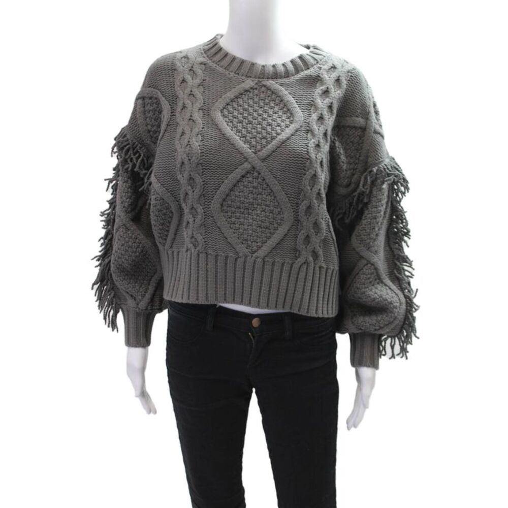 Line And Dot Womens Cable Knit Fringe Crew Neck Sweater Gray Size Extra Small